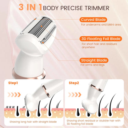 Electric Razor Shaver for Women, 4 in 1 Bikini Trimmer for Women,Cordless Protable Rechargeable Body Hair Removal Kit for Eyebrow Face Nose Legs Underarms and Bikini Line,White