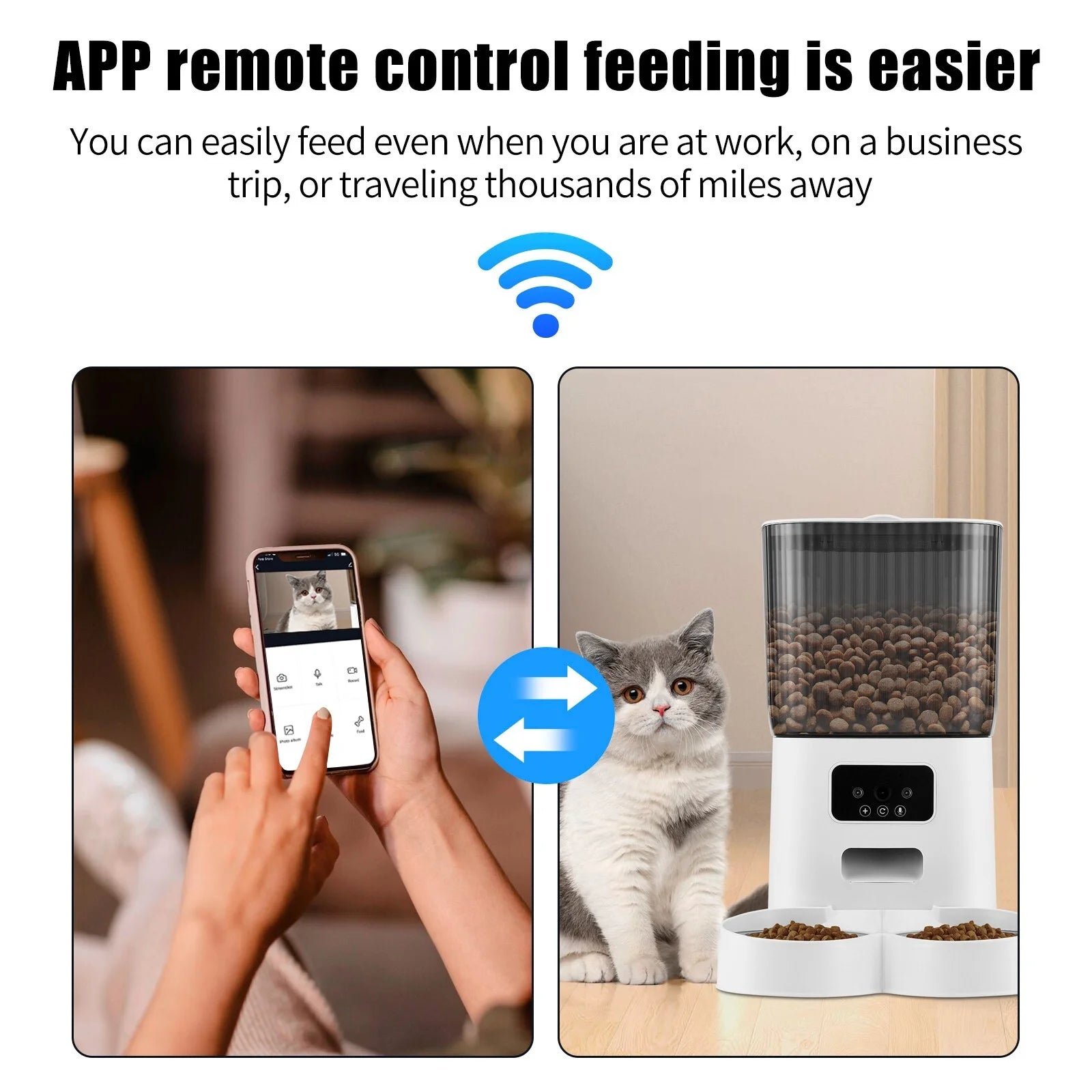 Threes Tree Automatic Cat Feeder with Camera for 2 Pets, Camera 5L Cat Feeder with 2 Stainless Steel Bowls, Remote APP Control